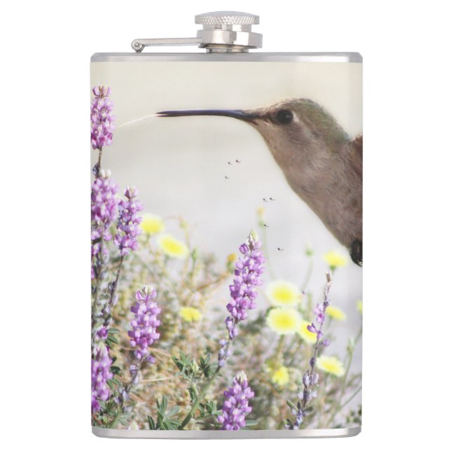 Hummingbird and Wildflowers Digital Art Hip Flask (Front)