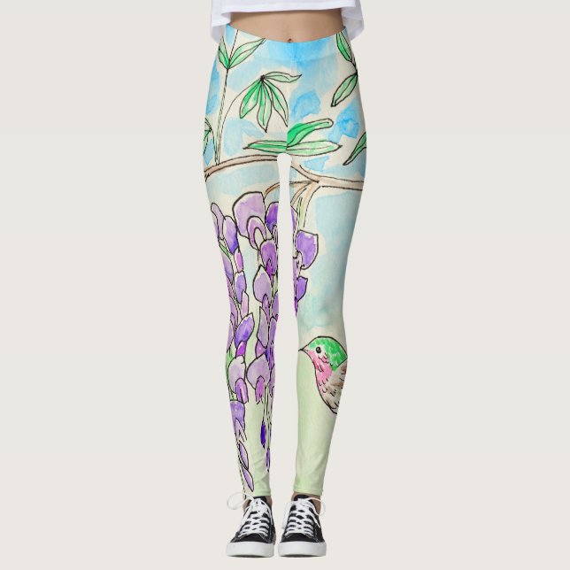 Hummingbird and Wisteria Painting Leggings (Front)
