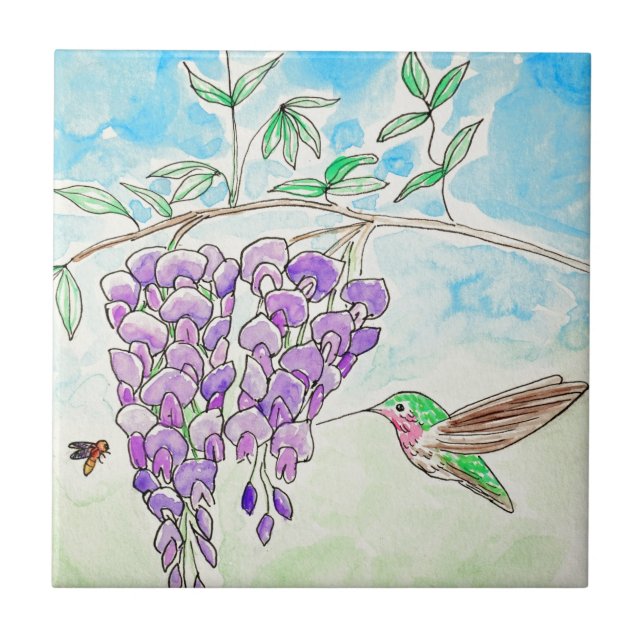 Hummingbird and Wisteria Painting Tile (Front)