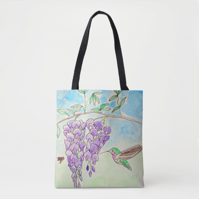 Hummingbird and Wisteria Painting Tote Bag (Front)