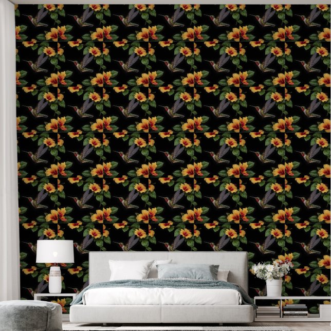 Hummingbird And Yellow Hibiscus, Wallpaper (Bedroom)