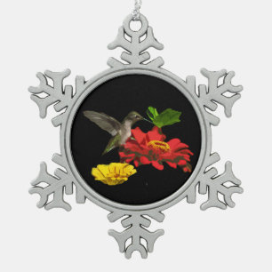 Hummingbird and Zinnias Snowflake Pewter Christmas Ornament