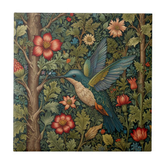 Hummingbird artwork bohemian floral greenery  tile