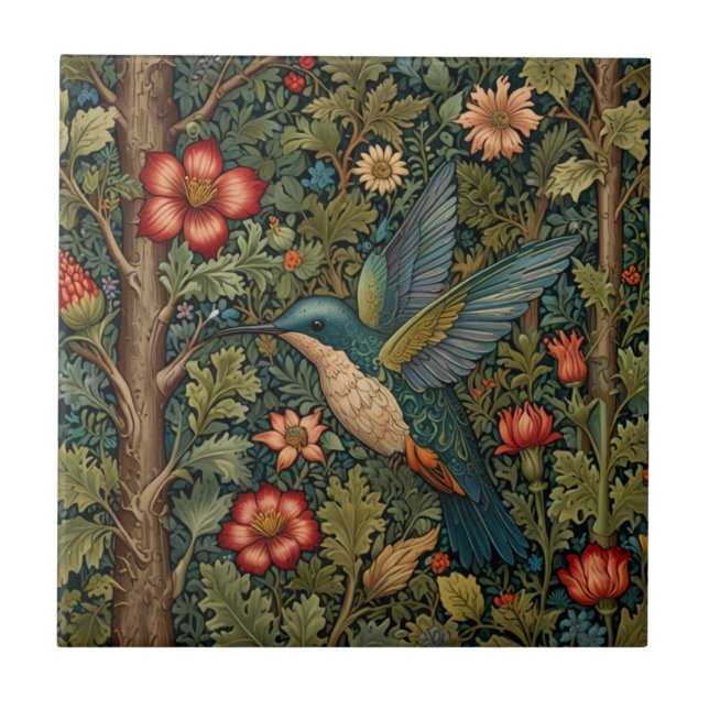 Hummingbird artwork bohemian floral greenery  tile (Front)