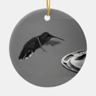 Hummingbird at Feeder Black and White 1 or 3 Ceramic Tree Decoration