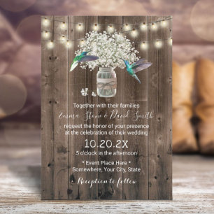 Hummingbird & Baby's Breath Flowers Rustic Wedding Invitation