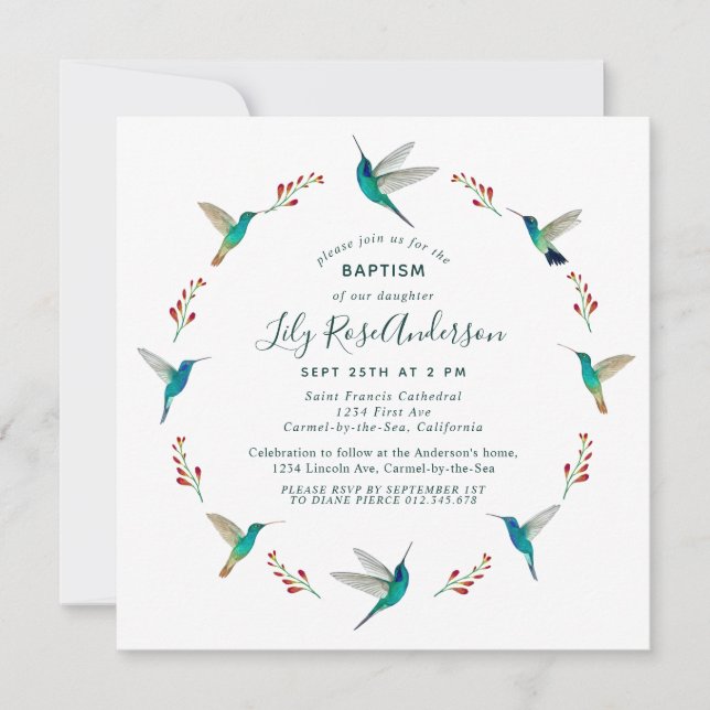 Hummingbird Baptism Invitation (Front)