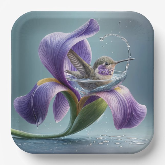 Hummingbird Bathing In An Iris Blossom Paper Plate (Front)