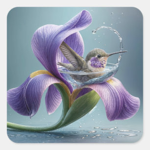 Hummingbird Bathing In An Iris Blossom Square Sticker