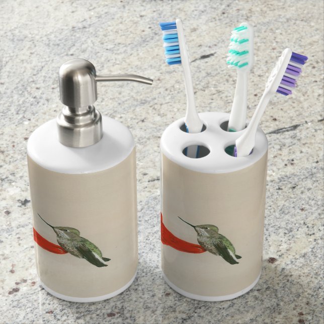 Hummingbird Bathroom Accessories Soap Dispenser And Toothbrush Holder (Front)