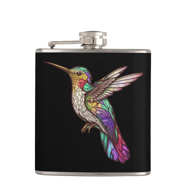 Hummingbird Bird Animal Portrait Stained Glass Art Hip Flask (Front)