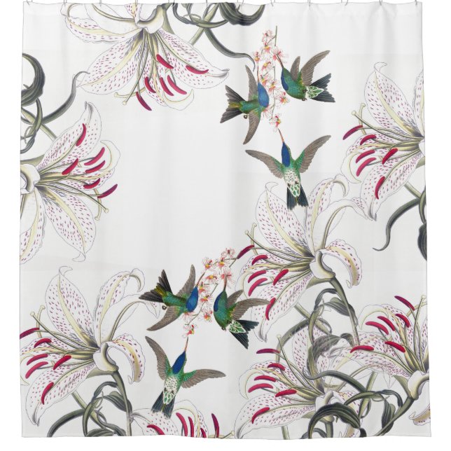 Hummingbird Bird Asiatic Lily Flowers Shower Curtain (Front)