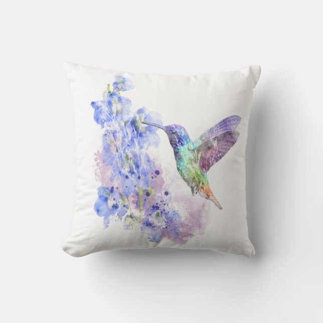 Hummingbird Bird & Blue Delphinium flowers Cushion (Front)