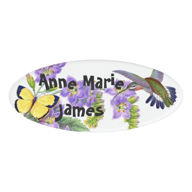Hummingbird Bird Butterfly Flowers Floral Name Tag (Front)