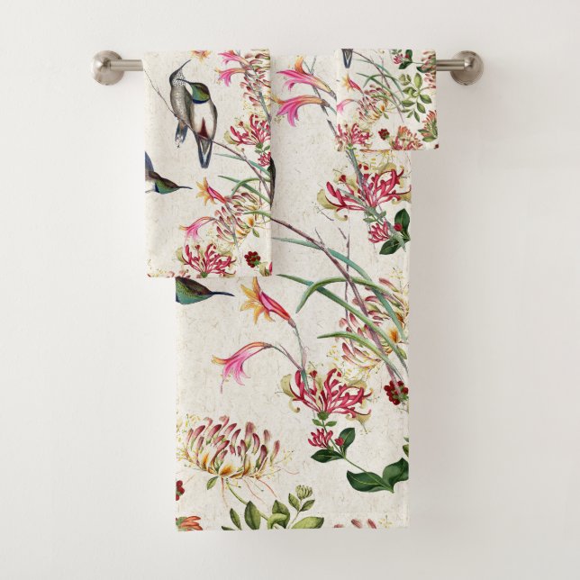 Hummingbird Bird Honeysuckle Flower Bath Towel Set (Insitu)