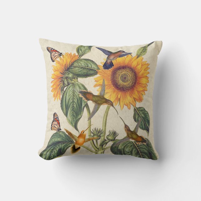 Hummingbird Bird Monarch Butterfly Sunflowers Cushion (Front)