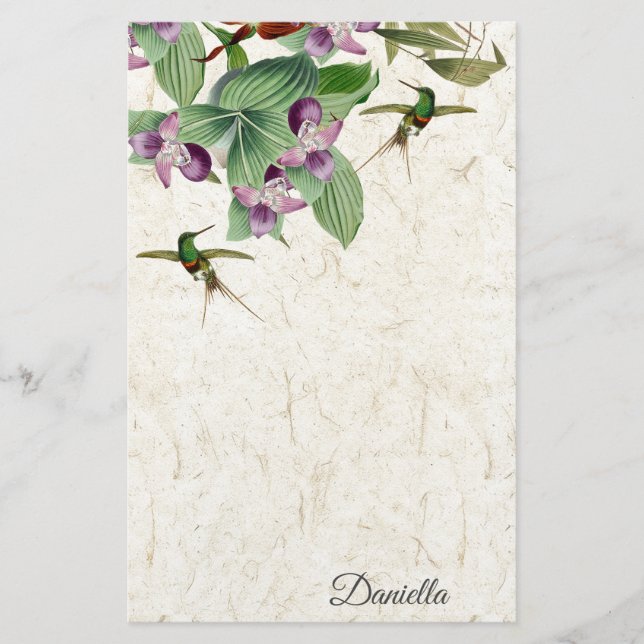Hummingbird Bird Orchid Flowers Stationery (Front)