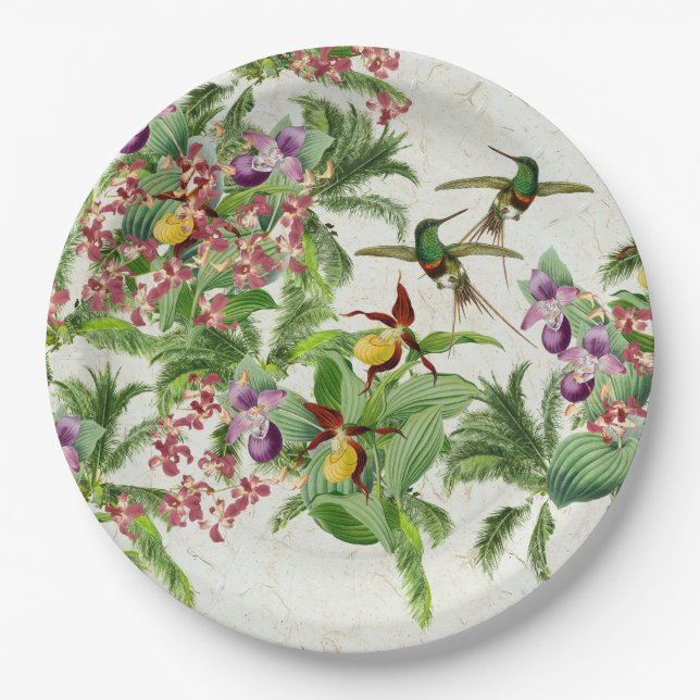 Hummingbird Bird Orchids Flowers Paper Party Plate (Front)