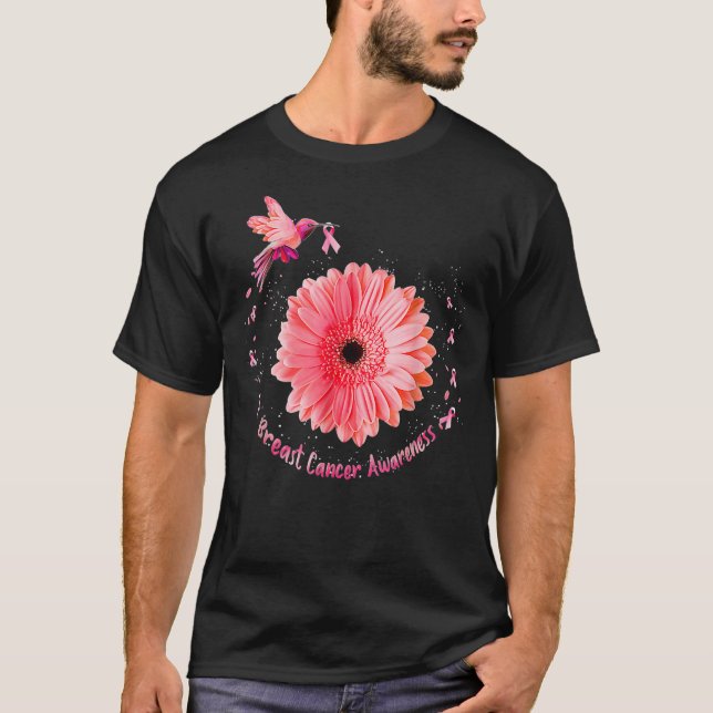 Hummingbird Bird Pink Daisy Breast Cancer Awarenes T-Shirt (Front)