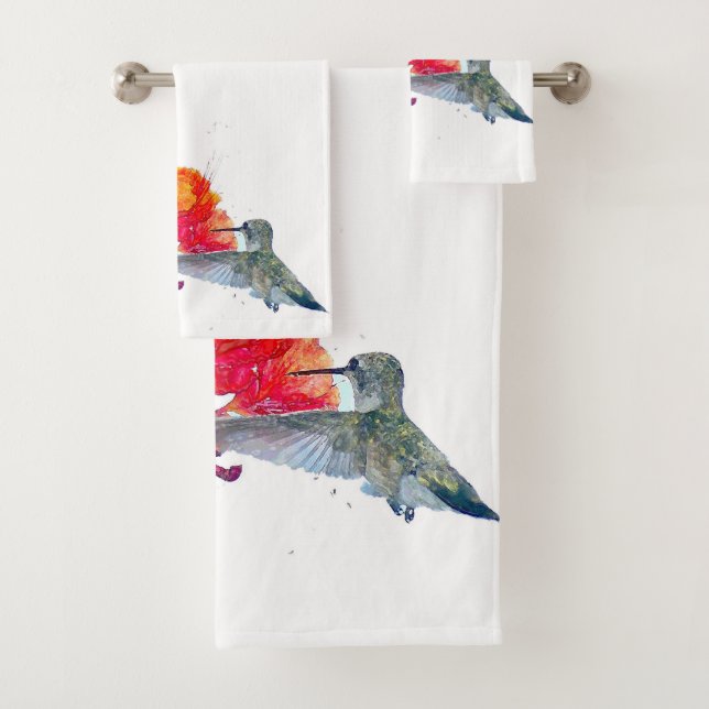 Hummingbird Bird Red Flowers Bath Towel Set (Insitu)