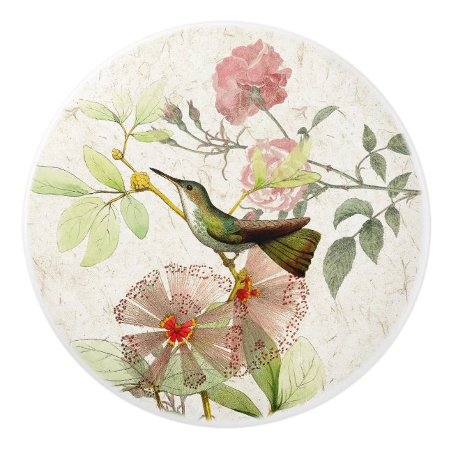 Hummingbird Bird Rose Flowers Ceramic Pull Knob (Front)