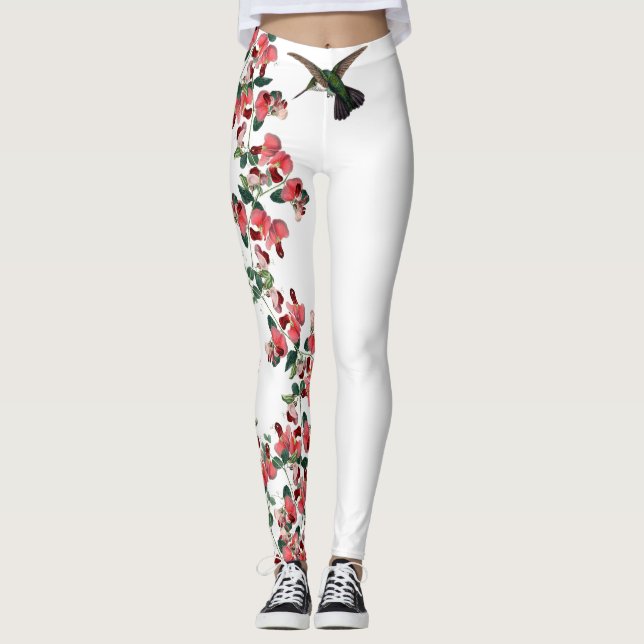 Hummingbird Bird Sweet Pea Flowers Leggings (Front)