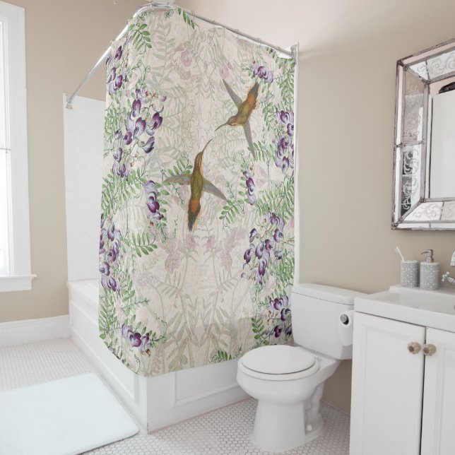 Hummingbird Bird Sweet Pea Flowers Shower Curtain (In Situ)