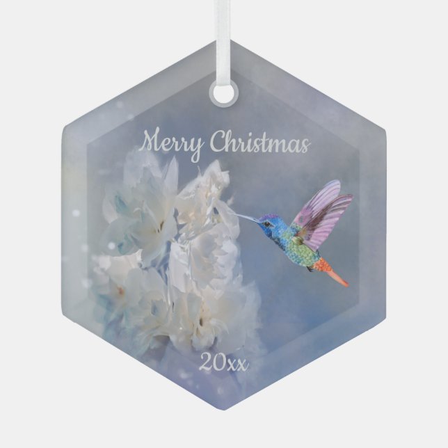 Hummingbird Bird White Garden Flower Christmas  Glass Tree Decoration (Front)