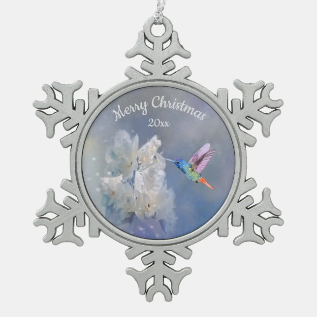 Hummingbird Bird White Garden Flower Christmas Snowflake Pewter Christmas Ornament (Front)