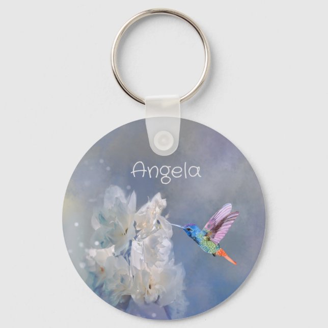Hummingbird Bird White Garden Flower Name Keychain (Front)
