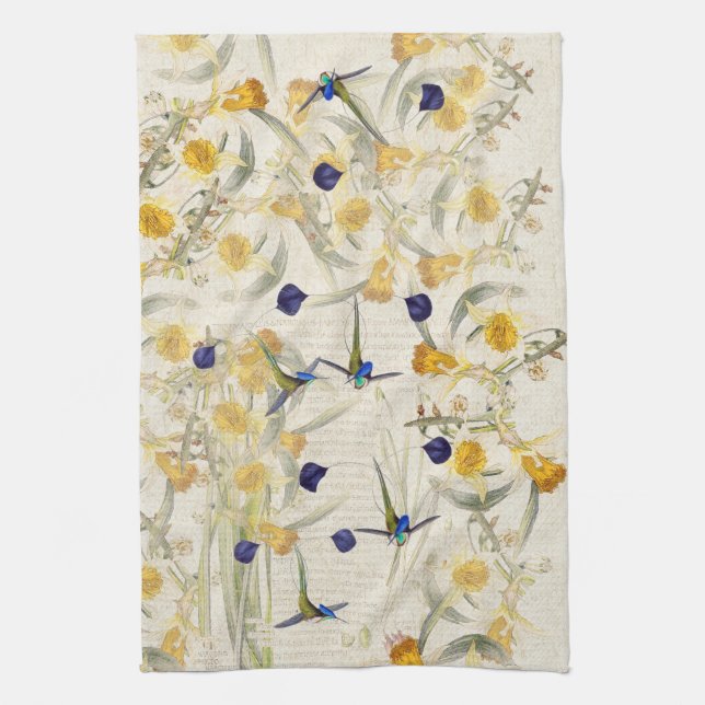 Hummingbird Birds Daffodil Flowers Kitchen Towel (Vertical)