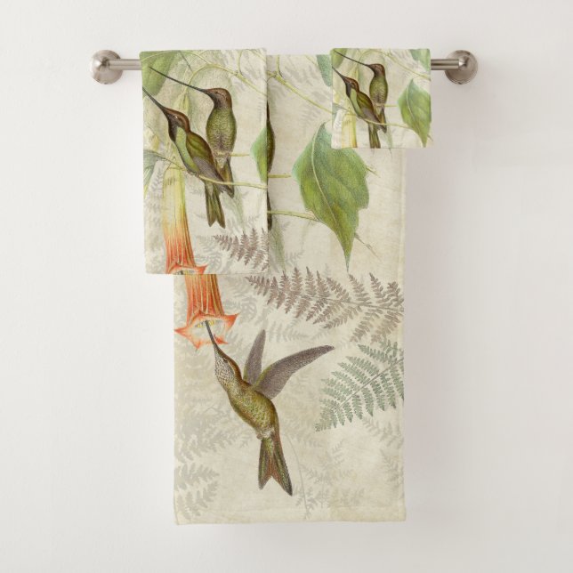 Hummingbird Birds Ferns Flowers Bath Towel Set (Insitu)