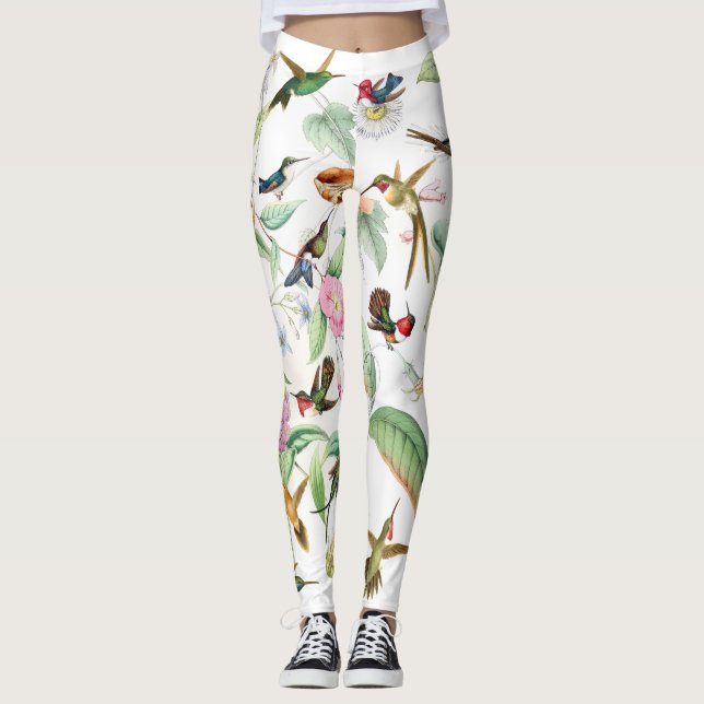 Hummingbird Birds Floral All Over Print Leggings (Front)
