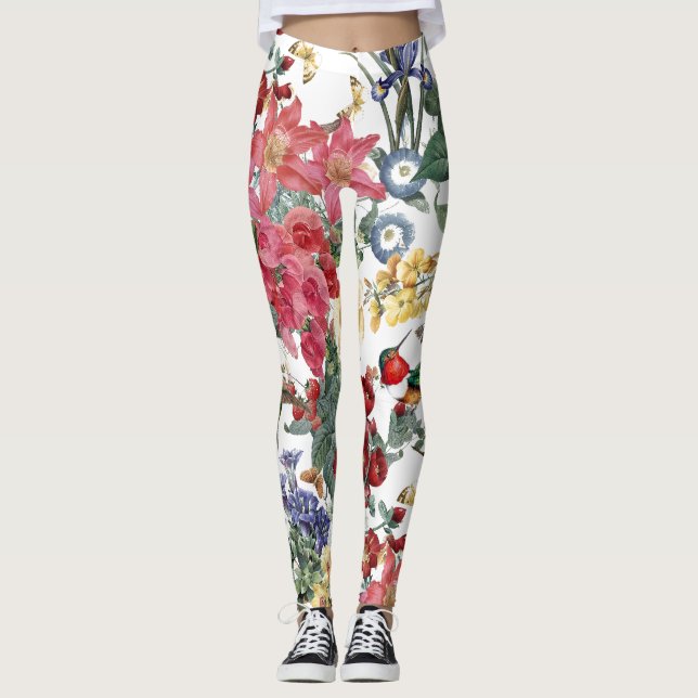 Hummingbird Birds Flowers Butterflies Leggings (Front)