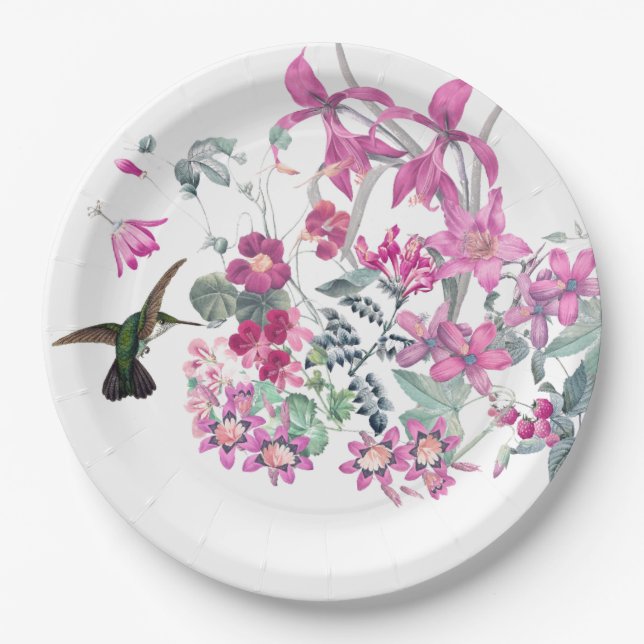 Hummingbird Birds Garden Flowers Paper Plate (Front)