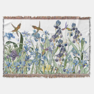 Hummingbird Birds Iris Flowers Floral Garden Throw Blanket
