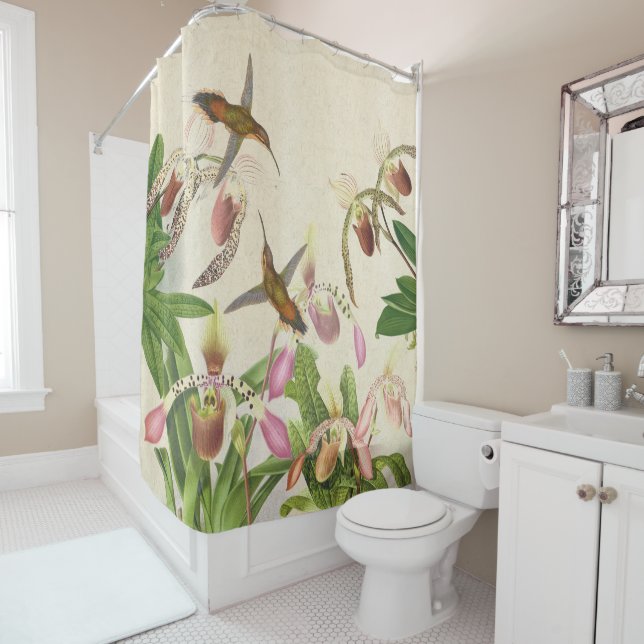 Hummingbird Birds Ladys Slipper Orchid Flowers Shower Curtain (In Situ)