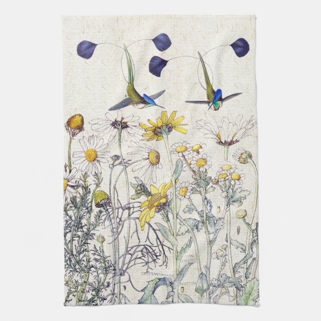 Hummingbird Birds Mums Wildflowers Kitchen Towel (Vertical)