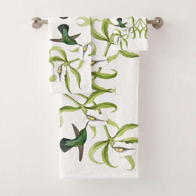 Hummingbird Birds Orchid Flowers Bath Towel Set (Insitu)