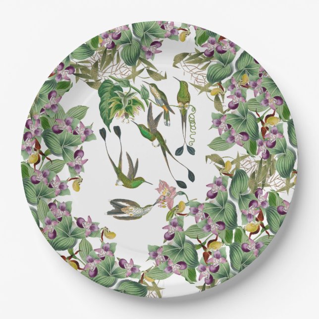 Hummingbird Birds Orchid Flowers Paper Plate (Front)
