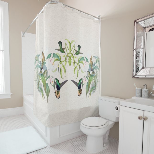 Hummingbird Birds Orchid Flowers Shower Curtain (In Situ)