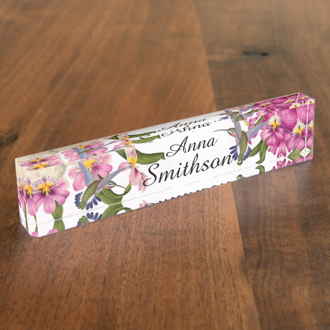 Hummingbird Birds Pansy Orchid Flowers Floral Nameplate (Side)
