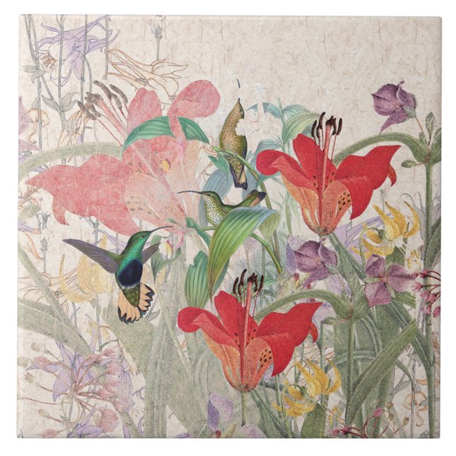 Hummingbird Birds Red Lily Columbine Flowers Tile (Front)