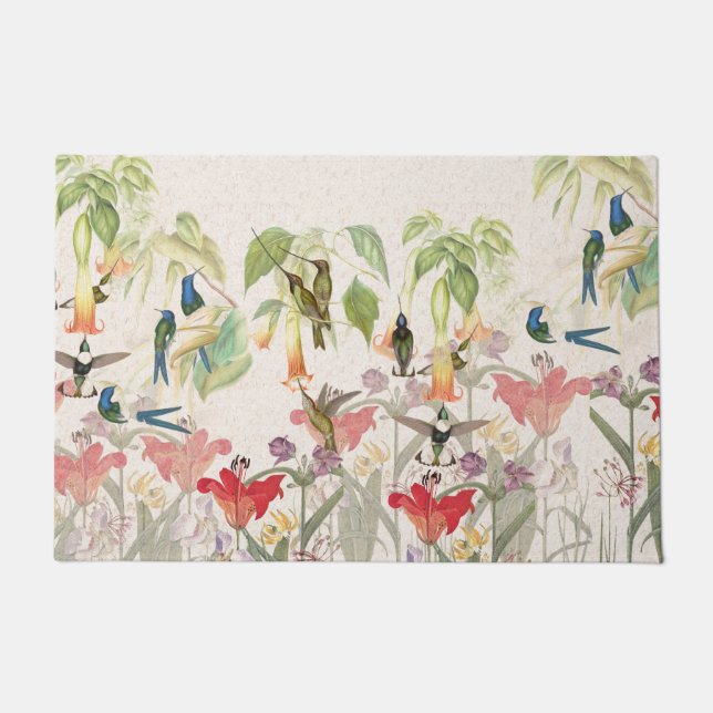 Hummingbird Birds Red Lily Flowers Doormat (Front)