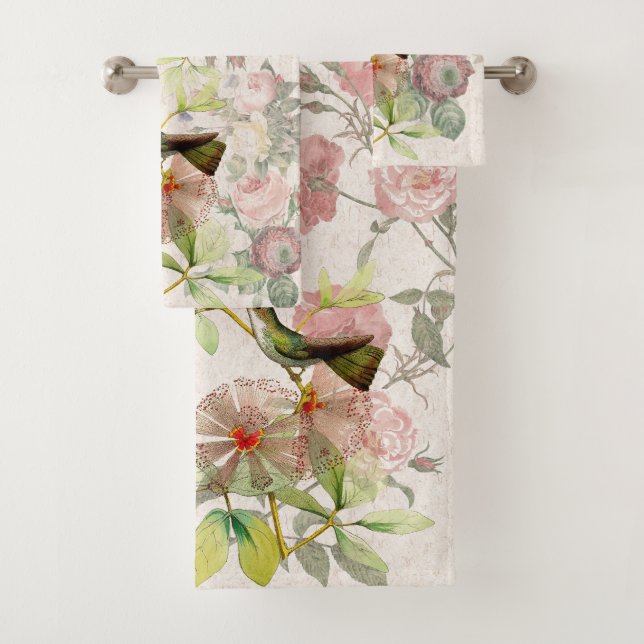 Hummingbird Birds Rose Flowers Bath Towel Set (Insitu)