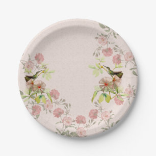 Hummingbird Birds Rose Rosebud Flowers Paper Plate