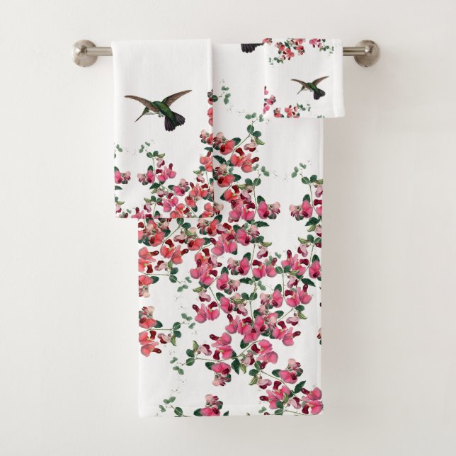 Hummingbird Birds Sweet Pea Flowers Bath Towel Set (Insitu)