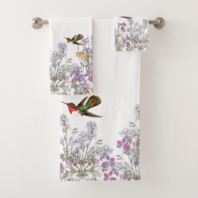 Hummingbird Birds Sweet Pea Flowers Bath Towels (Insitu)
