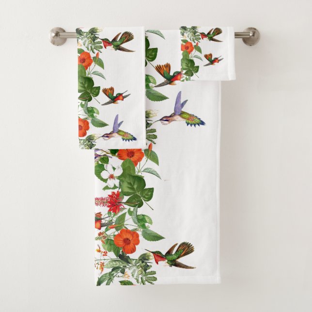 Hummingbird Birds Tropical Flowers Bath Towel Set (Insitu)