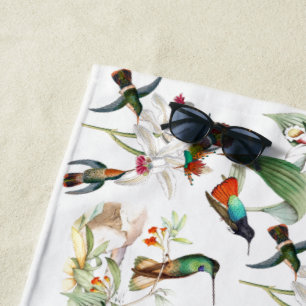 Hummingbird Birds Tropical Flowers Beach Towel